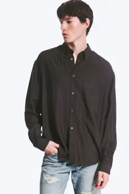 Chemise Ample Boutonnée À Manches Longues - Noir Rayé — photo 2