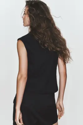 Gilet sans manches en twill avec boutons - Noir — photo 3