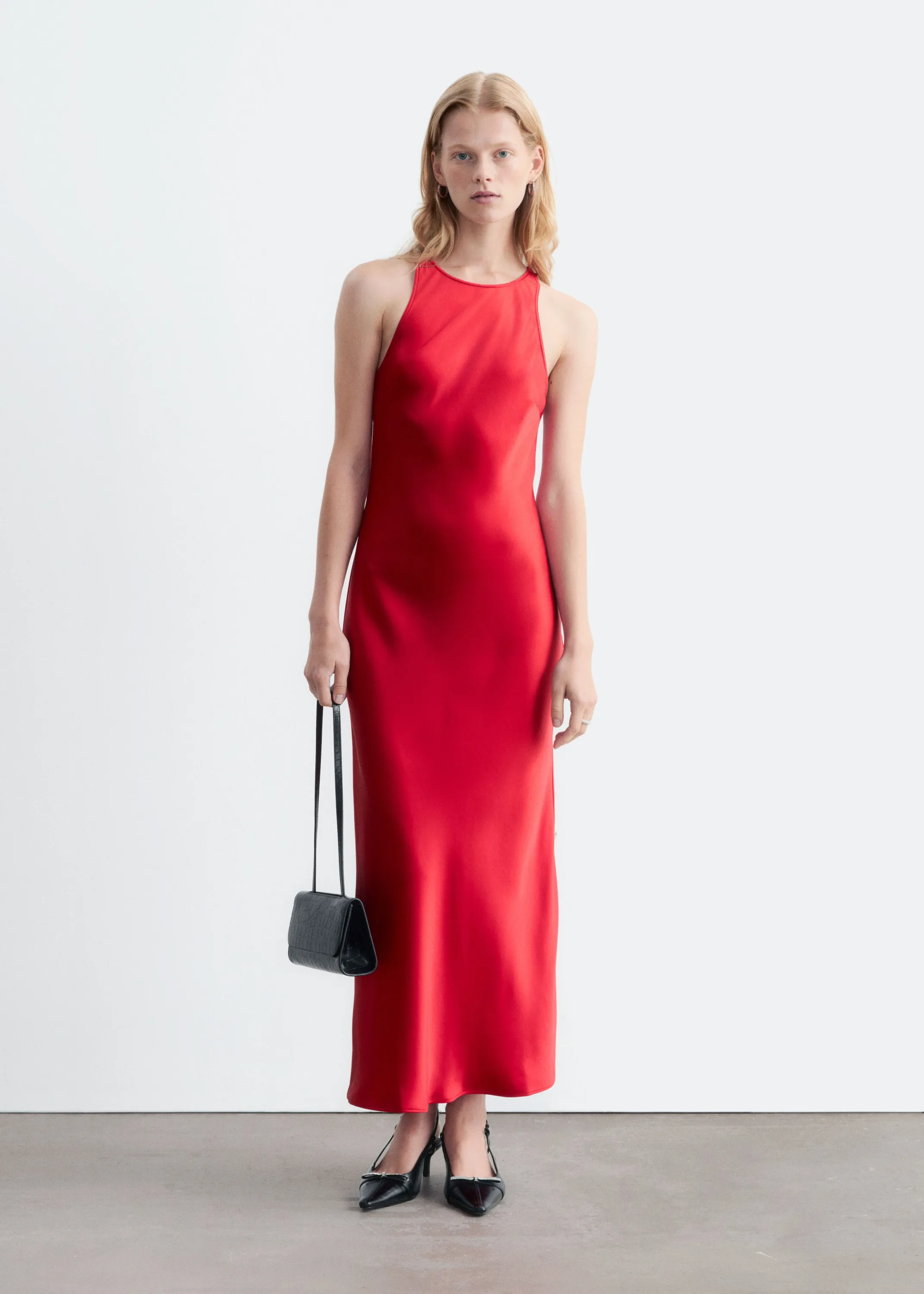 Robe midi en satin sans manches - Rouge