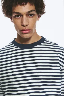 T-shirt ample à manches longues - Rayures blanches et bleu marine — photo 1