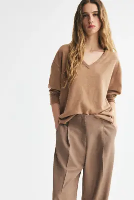 Pull oversize à encolure en V - Beige foncé — photo 2