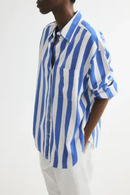 Chemise oversize en lin mélangé - Bleu/rayé — photo 3