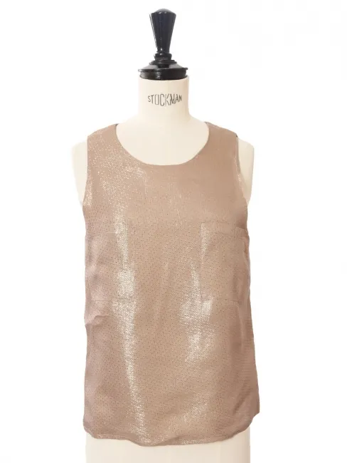 Top sans manche en soie beige rosé à pois doré  Prix boutique 1400€ Taille 34