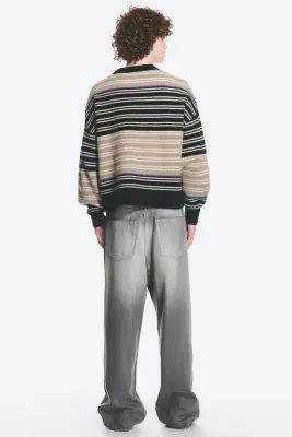 Pull en laine mélangée à col rond et coupe décontractée - Rayures noir/beige — photo 3