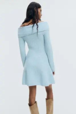 Robe épaules nues en maille côtelée - Bleu clair chiné — photo 3