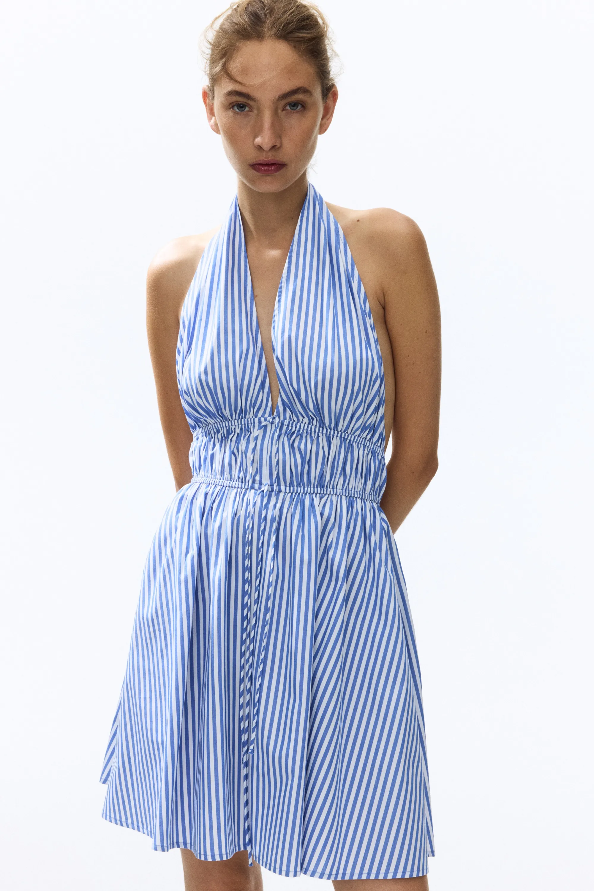 Robe dos nu avec cordons de serrage - Bleu/rayé