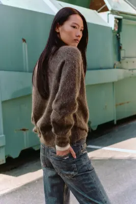 Pull col en V en maille mélangée de mohair - Taupe foncé — photo 3