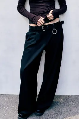 Pantalon de costume ample en laine mélangée taille basse - Noir — photo 1