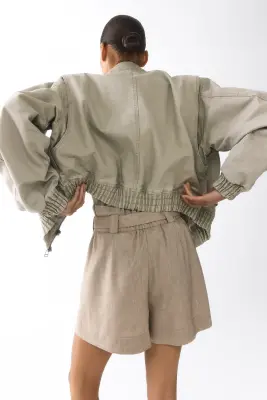 Short paper bag avec ceinture - Taupe clair — photo 3