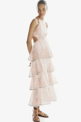 Robe dos nu étagée en lin mélangé - Rose clair/motif cachemire — photo 2