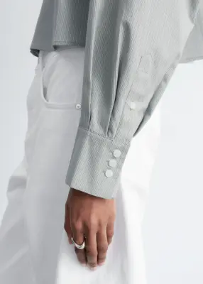 Chemise courte oversize en coton - Beige/Rayures bleues — photo 5
