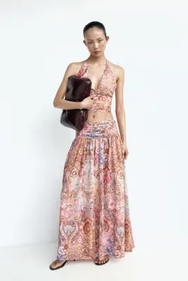 Jupe avec taille ruchée - Orange clair/motif cachemire — photo 1