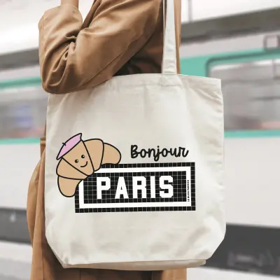 TOTE BAG COTON BIO IMPRIMÉ - BONJOUR PARIS CROISSANT - ÉCRU — photo 2
