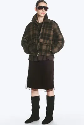 Veste zippée carrée courte - Carreaux marron foncé — photo 1