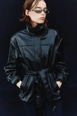 Veste à col droit en tissu enduit - Noir — photo 2