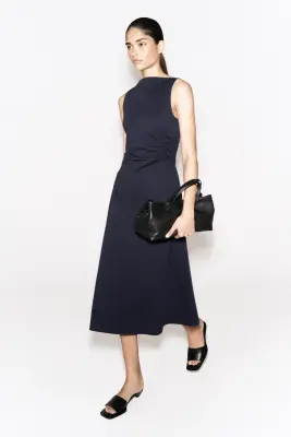ROBE MIDI EN JERSEY DE COTON À TAILLE FRONCÉE - BLEU MARINE — photo 5