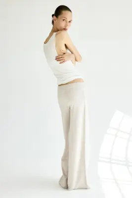 Pantalon large en maille fine - Beige clair chiné — photo 3