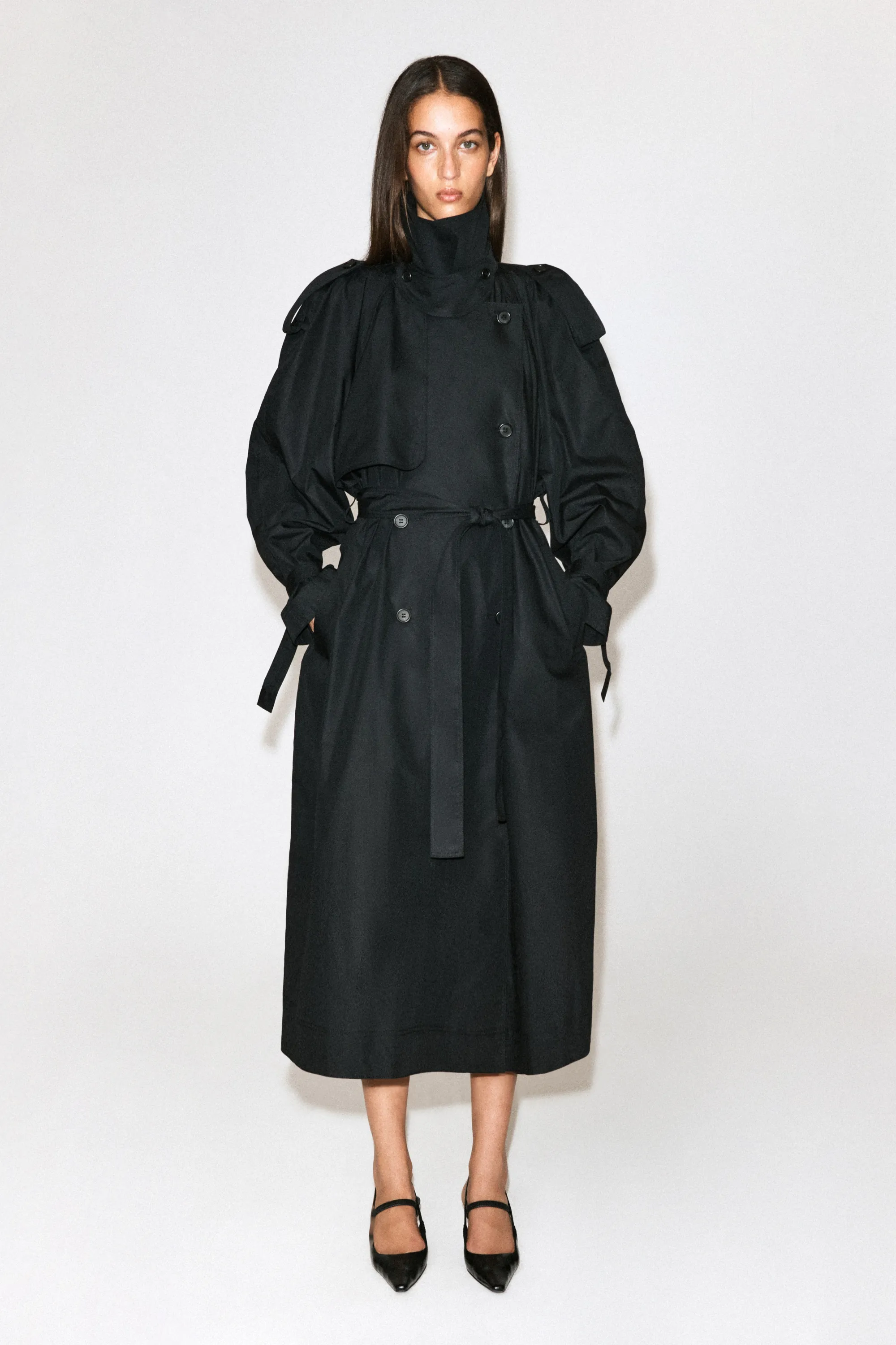 TRENCH-COAT EN COTON À COL CHEMINÉE - NOIR