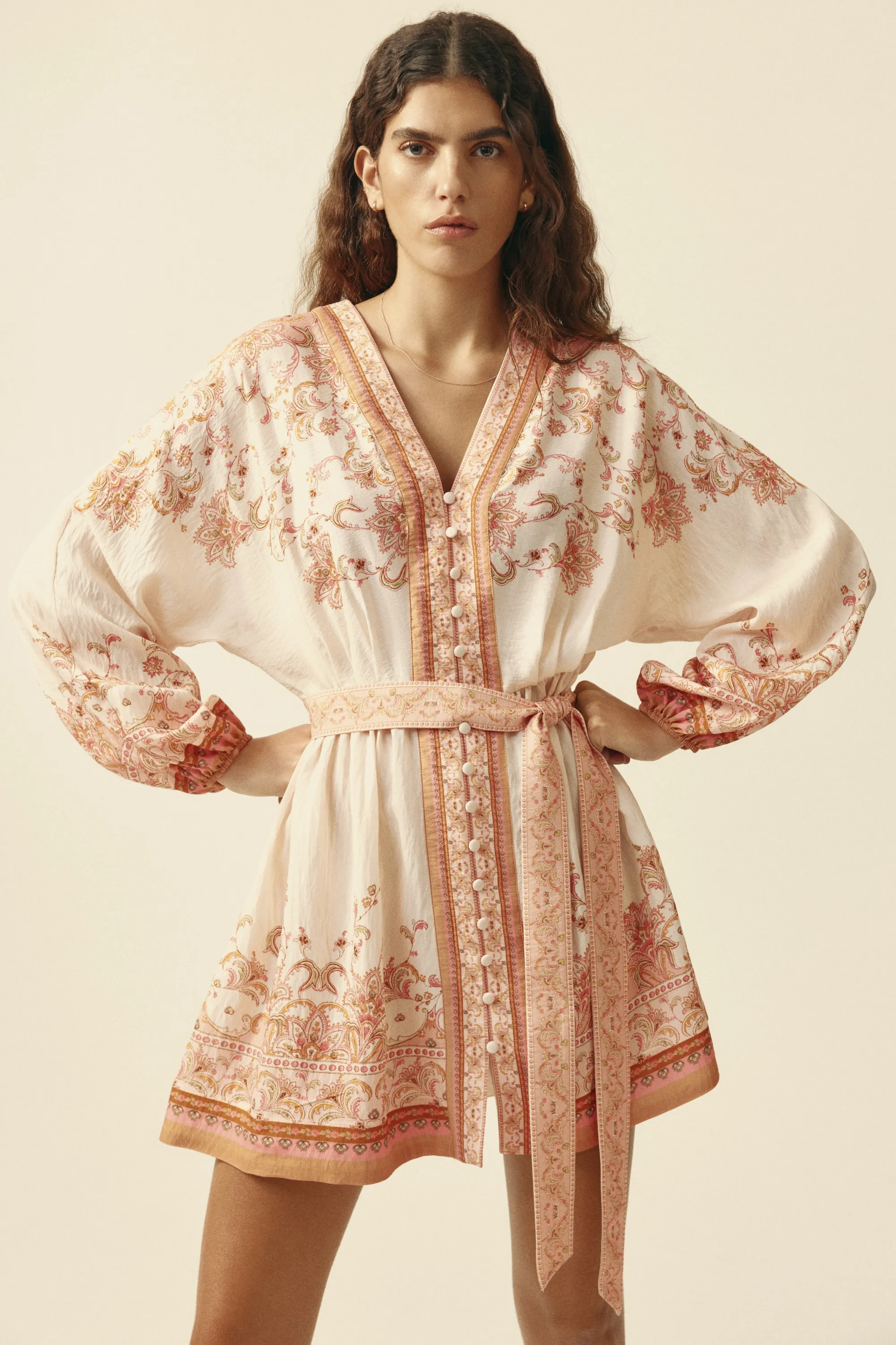 Robe loose avec ceinture à nouer - Rose/motif cachemire
