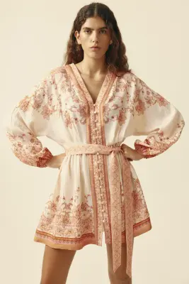 Robe loose avec ceinture à nouer - Rose/motif cachemire — photo 1
