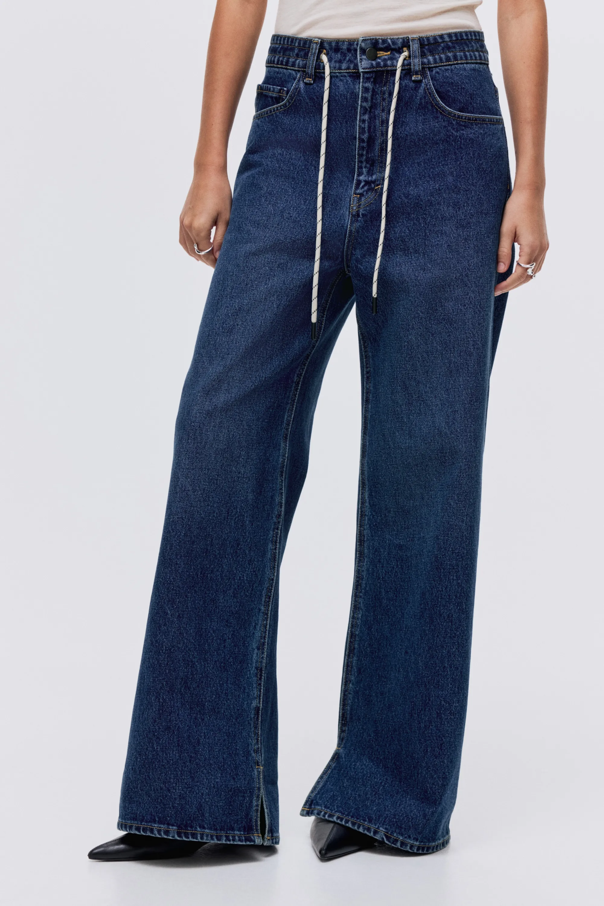 Pantalon large avec cordon de serrage - Bleu denim