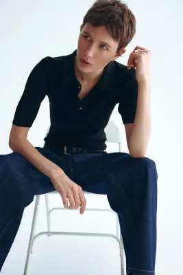 Top en maille pointelle - Noir — photo 2