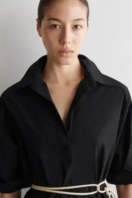ROBE-CHEMISE MANCHES COURTES EN POPELINE DE COTON - NOIR — photo 2