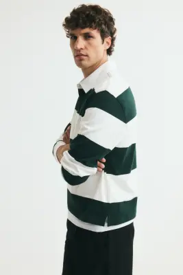 Polo de rugby Regular Fit en coton - Crème/rayures vert foncé — photo 4