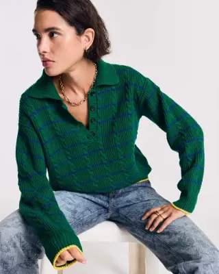 Pull Isidore rayures vert, marine et jaune — photo 1