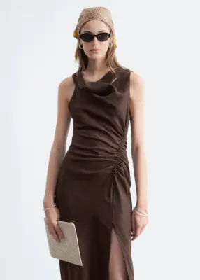 Robe midi en lin à bretelle torsadée - Marron foncé — photo 1