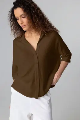 Chemise Marron Foncé Manches Courtes en Coton / Lin — photo 2