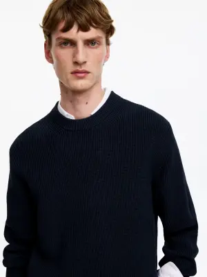 Pull à col rond en coton - Bleu foncé — photo 3