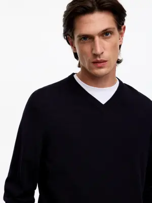Pull à col en V en laine mérinos - Bleu — photo 3