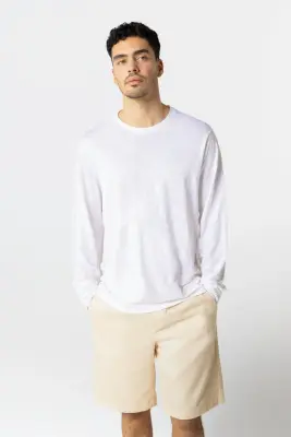 T-shirt Blanc Col Rond Manches Longues en Lin / Elasthanne