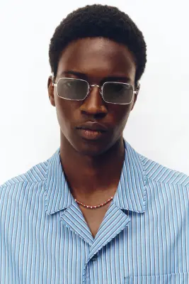 Chemise Relaxed Fit en coton pima avec col cubain - Bleu/rayé — photo 3