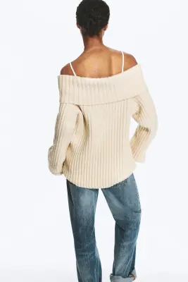 Pull côtelé à épaules dénudées - Beige clair — photo 2