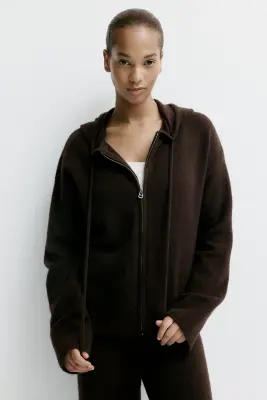 Veste à capuche zippée en maille - Marron foncé — photo 1