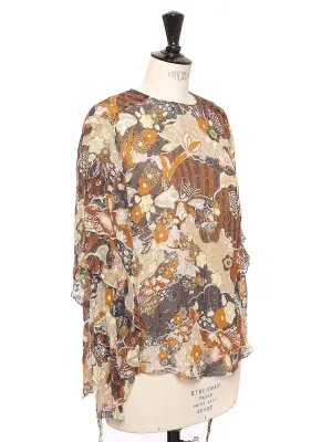 Blouse en soie manches longues fleuri camel beige et lamé doré Prix boutique 1290€ Taille 36 — photo 2