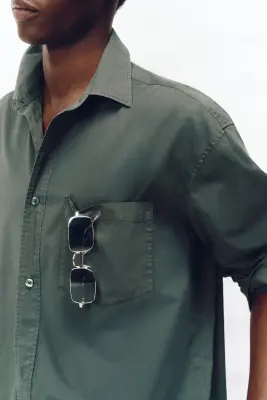 Chemise Loose Fit en popeline de coton - Vert foncé — photo 2