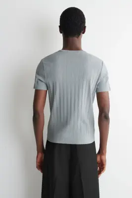 T-SHIRT SLIM EN COTON À CÔTES LARGES - GRIS — photo 4