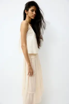 Jupe smockée en mousseline - Beige clair — photo 1