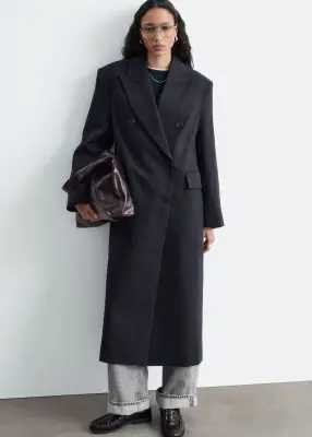 Manteau croisé en coton et en laine - Marron foncé — photo 3