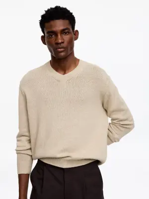Pull à col en V en lin et coton - Beige — photo 1