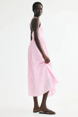 Robe en broderie anglaise avec bretelles à nouer - Rose clair — photo 4
