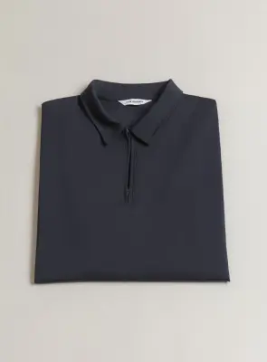 Long Sleeve Zipped Poloshirt in Navy Blue Technical Knit