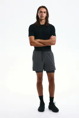 Short de sport superposé DryMove™ - Gris plomb/noir — photo 1