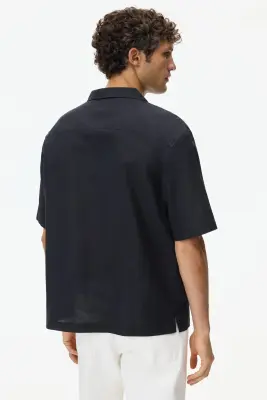 Chemise Relaxed Fit en lin mélangé avec col cubain - Noir — photo 3