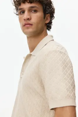 Polo Slim Fit en maille texturée - Beige clair — photo 3