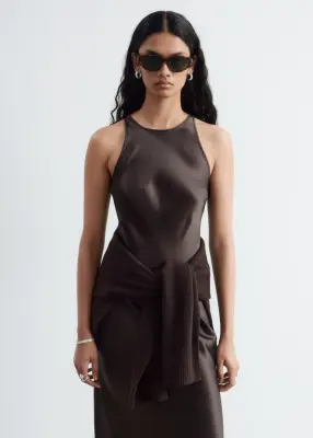 Robe midi en satin sans manches - Marron foncé — photo 1