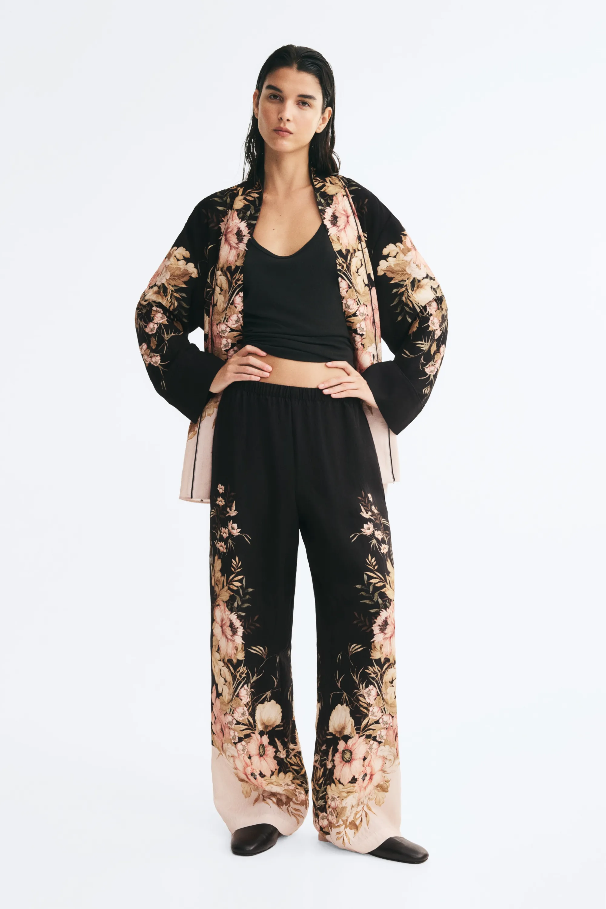 Pantalon en viscose mélangée avec taille élastique - Noir/fleuri